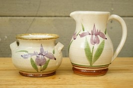 Vintage Art Pottery Brown Band Purple Iris Flower Pattern Creamer &amp; Suga... - £27.17 GBP