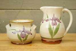 Vintage Art Pottery Brown Band Purple Iris Flower Pattern Creamer &amp; Suga... - $34.64