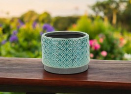7&quot; Turquoise Geometric Ceramic Indoor Outdoor Round Pot Planter - $86.71 CAD