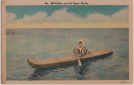 Vintage ALASKA Postcard &quot;Eskimo and His Kayak&quot; C.P. Johnston Linen c1940s A - £3.55 GBP