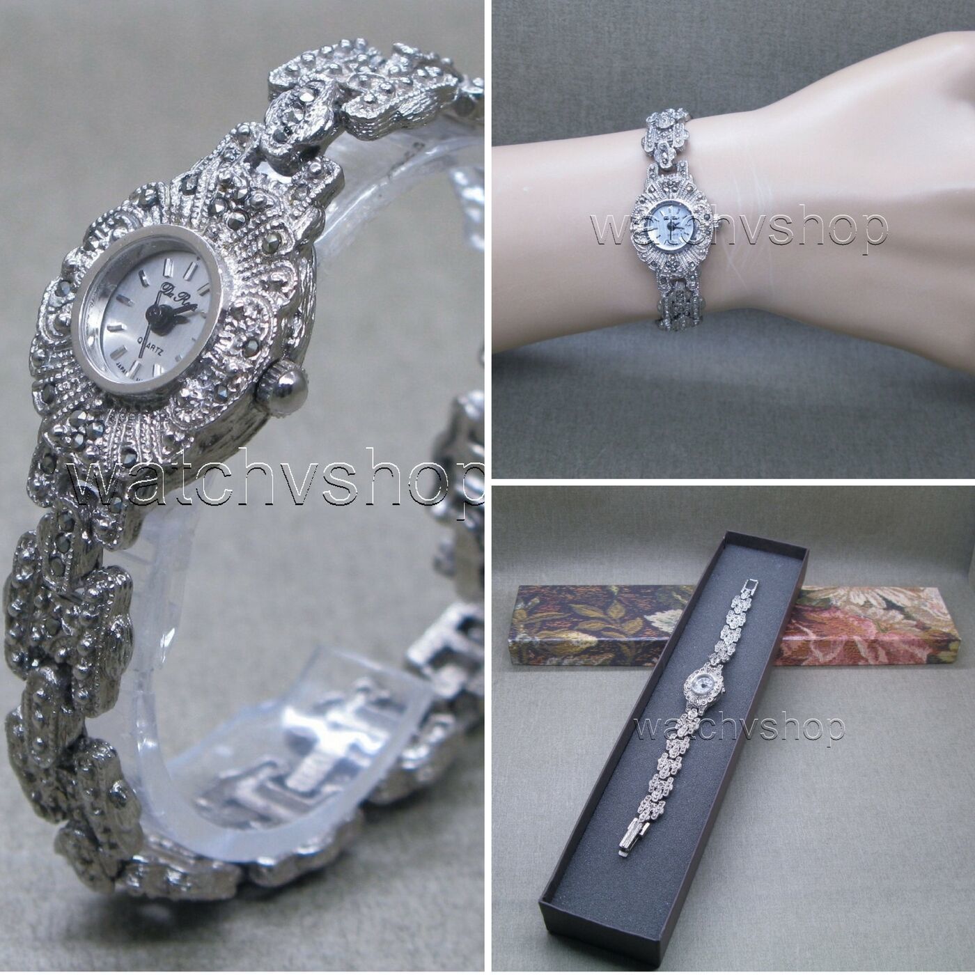 Women Wrist Watch Silver Plated Marcasites Stones Bracelet with Gift Box LM08