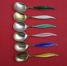 Norwegian Sterling Silver Ice Cream Spoon set of 6 vermeil enameled feat... - $296.01