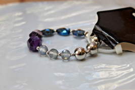 Purple &amp; Blue Gemstones W Silver &amp; Clear Beaded Stretch Bracelet NEW - £13.36 GBP