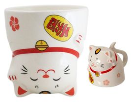 Pack Of 2 Topsy Turvy Lucky Cat Maneki Neko Ceramic Coffee Mug Cups With... - $23.99
