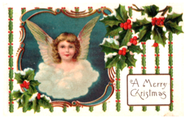 Postcard Embossed Merry Christmas Pretty Cherub Angel With Wings Holly &amp; Berries - £6.21 GBP