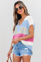 Light Blue Color Block Notch V Neck Sweater T Shirt - $14.23