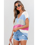 Light Blue Color Block Notch V Neck Sweater T Shirt - $19.70 CAD