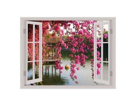 Pink Flower Window Illusion Wall Sticker (PVC Vinyl 61Cm X 46 Cm) - £12.82 GBP