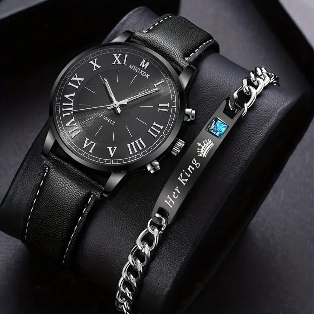 2PCS Set Fashion Mens celet  Men Business Wrist Watch Male Spors Casual Black Le - £79.82 GBP