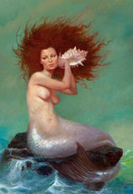 FRAMED CANVAS Art print giclee mermaid at sea sitting on rock listening ... - £65.24 GBP
