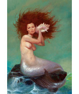 FRAMED CANVAS Art print giclee mermaid at sea sitting on rock listening ... - $83.16