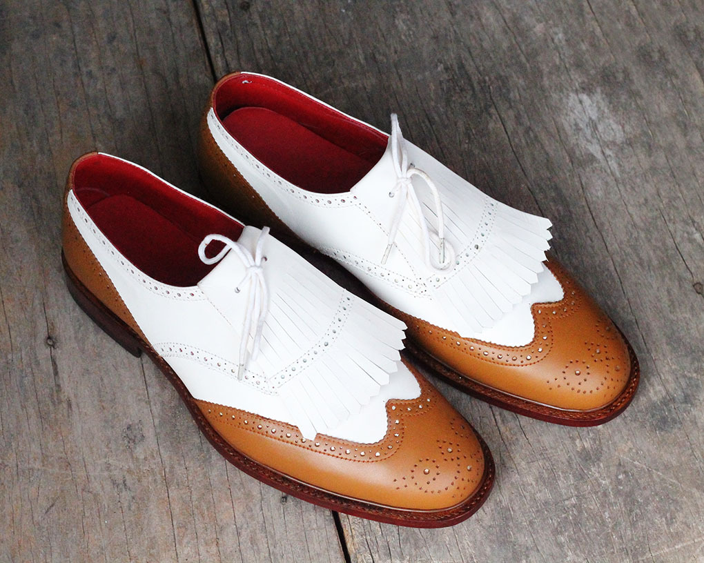 Men Brown White Genuine Leather Flap Fringe Wingtip Brogue Handmade Party Shoes