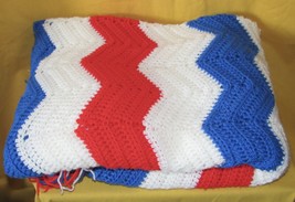 Vintage Chevron Patriotic Crochet Afghan Blanket Red White Blue - £69.75 GBP