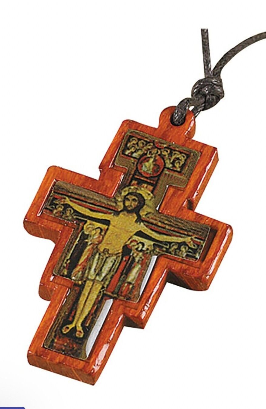 Primary image for San Damiano Wood 1  7/8" Crucifix, Corded Necklace, New #AB-081