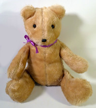 Cute Vintage 18&quot; Light Golden Sitting Teddy Bear Brown Eyes, Purple Bow - £15.78 GBP