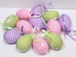 Easter Gingham Egg Eggs Ornaments Pink Lavender Green Decor Set of 12 - £15.57 GBP