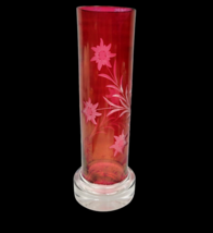 Bohemian Crystal Vase Cranberry Flashed  Etched Flowers Cut to Clear Cylinder 9&quot; - £31.24 GBP