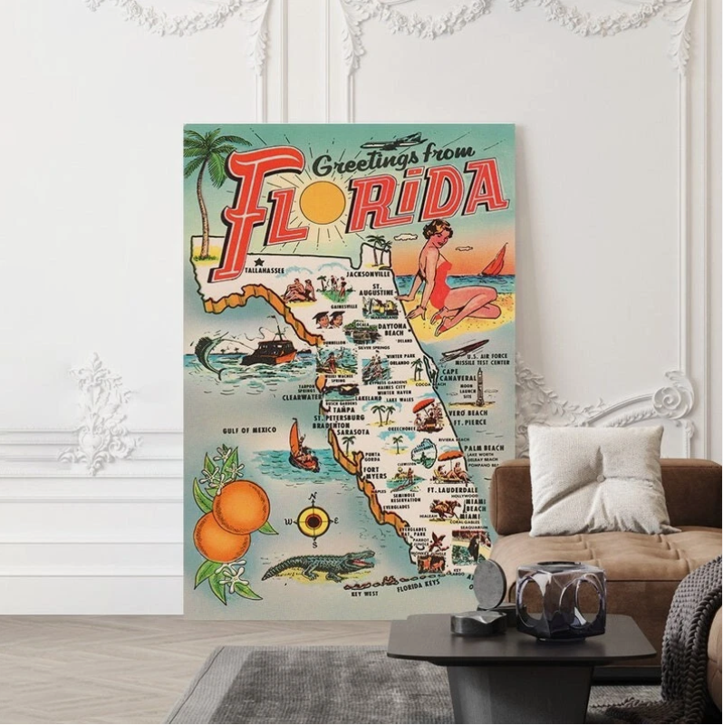 Florida Tourism Tourist Map Vintage Travel Poster, High Quality Art, Wall Decor. Item image 2