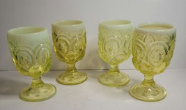 4 Vaseline Opalescent Water Goblets LG Wright Moon &amp; Stars Pattern - £191.15 GBP