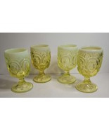 4 Vaseline Opalescent Water Goblets LG Wright Moon &amp; Stars Pattern - $240.00