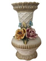 9.5” Vintage Capodimonte Italy Vase Lattice Hand-Applied Roses Flowers R... - $71.48