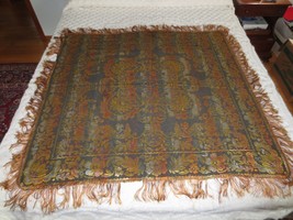 Vtg. ASIAN Reversible WOVEN FLORAL Fringed TABLECLOTH - 52&quot; x 54&quot; - $15.00