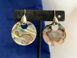 Sterling Silver Abalone Shell Earrings 7.98g Fine Jewelry Round Dangle Hook Back - £23.70 GBP