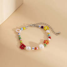 Multicolor Howlite &amp; Pearl Silver-Plated Floral Beaded Adjustable Bracelet - £11.07 GBP