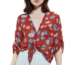 Pins and Needles Sheer Tie Front Floral Blouse Size XS Red Blue Relaxed Retro - £15.66 GBP