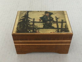 Vintage wood music box plays Lara&#39;s theme from Dr. Shivago Hummel print lid - $24.70