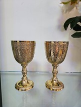 Vintage Handmade Brass Royal Chalice Embossed Cup Goblet Pair collectible Gift - £43.50 GBP