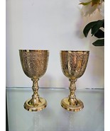 Vintage Handmade Brass Royal Chalice Embossed Cup Goblet Pair collectibl... - $108.04 CAD