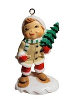 Christmas Village Boy Carrying Tree Brown Hair 3" T Hard Plastic Figure Ornament - $7.91