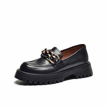 Metal Chain Loafers Women Cow Leather Chunky Shoes Slip On Round Toe Autumn Fema - £120.27 GBP