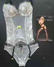 Victoria&#39;s Secret 32C GARTER CORSET+PANTY Black White lace chantilly neon yellow - £80.12 GBP