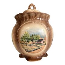 Vintage Cottagecore Scenic Ceramic Biscuit Jar With Lid Brown Glazed Foo... - $34.20