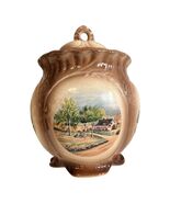 Vintage Cottagecore Scenic Ceramic Biscuit Jar With Lid Brown Glazed Footed Cani - $34.20