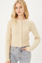 Oatmeal Beige Buttoned Cable Knit Cardigan Long Sleeve Sweater_ - £14.94 GBP