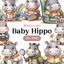 Bundle Watercolor Cute Baby Hippo Clipart PNG - £2.38 GBP