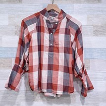 JOIE Dia Plaid Henley Double Cloth Top Brown Orange 3/4 Sleeve Cotton Womens XS - $39.59