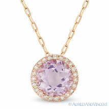 1.46 ct Round Cut Pink Amethyst Gem Diamond Halo Pendant 14k Rose Gold Necklace - £290.14 GBP
