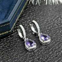 4Ct Pear Cut Amethyst Diamond Drop &amp; Dangle Earrings 14K White Gold Finish - £89.91 GBP