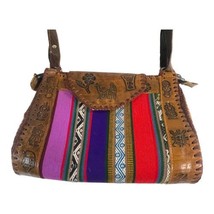 Handmade Embossed Crossbody Bag Purse Leather Cusco Textile Woven Fabric Peru - £30.14 GBP