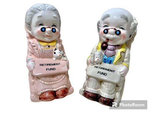 Lefton Vintage Rocking Grandma & Grandpa Set Ceramic Retirement Fund Piggy Banks - $49.95
