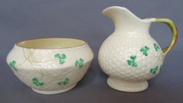 Vintage Belleek Sugar Creamer Set Basket Weave Shamrock Irish Porcelain - £19.66 GBP