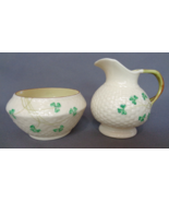 Vintage Belleek Sugar Creamer Set Basket Weave Shamrock Irish Porcelain - £19.12 GBP