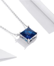 Authentic 925 Sterling Silver Blue Zirconia Shining Square Gem Pendant Necklace - £31.96 GBP