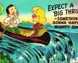 Vtg Linen Postcard Cartoon - Expect A Big Thril! Boat Over Waterfall UNP - $4.90