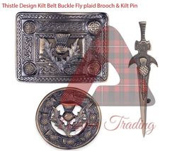 Kilt Belt Buckle\Kilt Pin With Fly Plaid Brooch Thistle Badge Set Antique Finish - £17.42 GBP