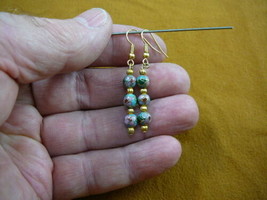 (ee610-3) Turquoise blue pink flower CLOISONNE 3 bead dangle EARRINGS Jewelry - £11.26 GBP